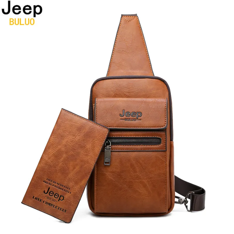 Мужской комплект нагрудная сумка jeep buluo оранжевая через плечо и кошелек из