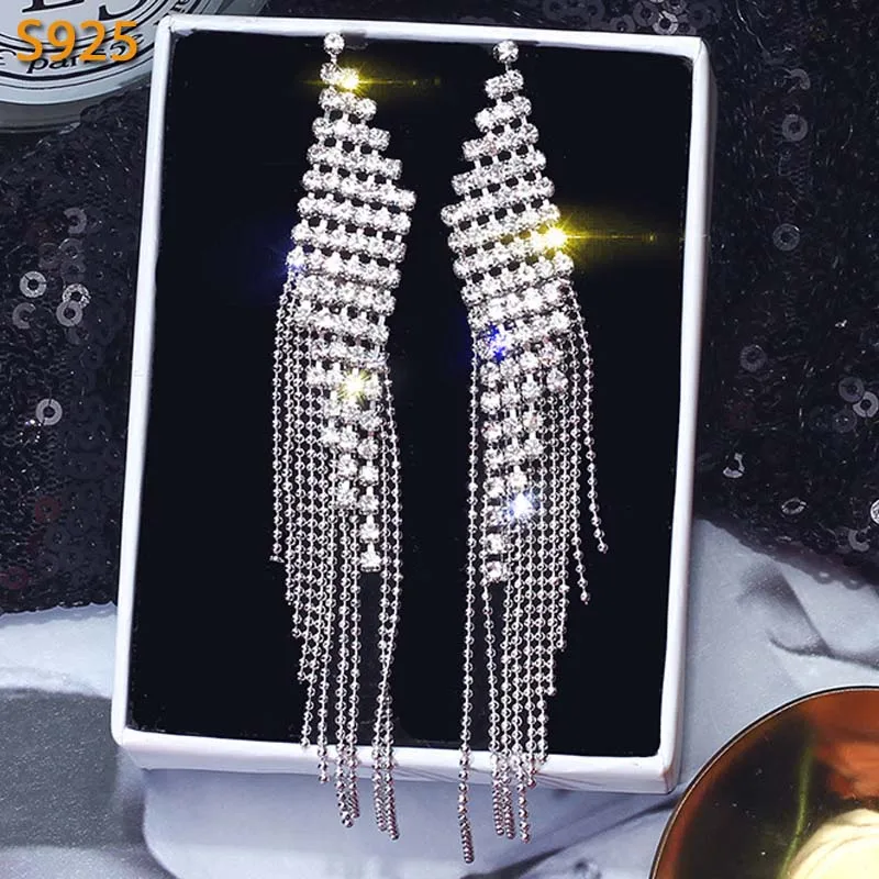 

Real 925 Sterling Silver Needle Long Dangle Tassel Earrings for Women Jewelry Statement Rhinestone Crystal Wedding Drop Earrings