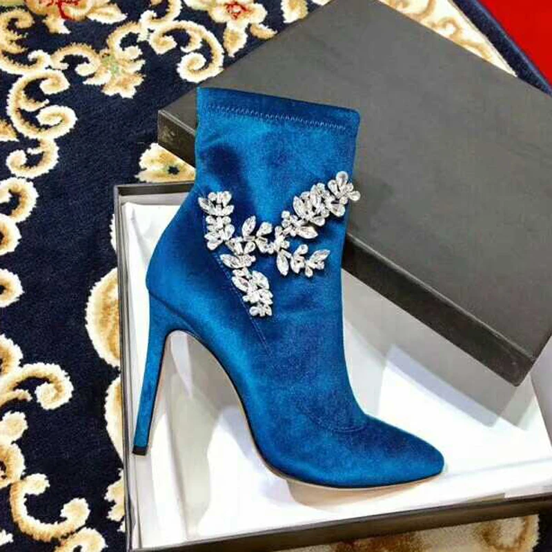 De Talon Noir Bout Sexy pu Fleur Rouge Femmes Velours Cristal rouge Pointu Cheville Luxe bleu Bottes Bleu Noir Strass Aute Ciel Femme 2018 qt5nZZ