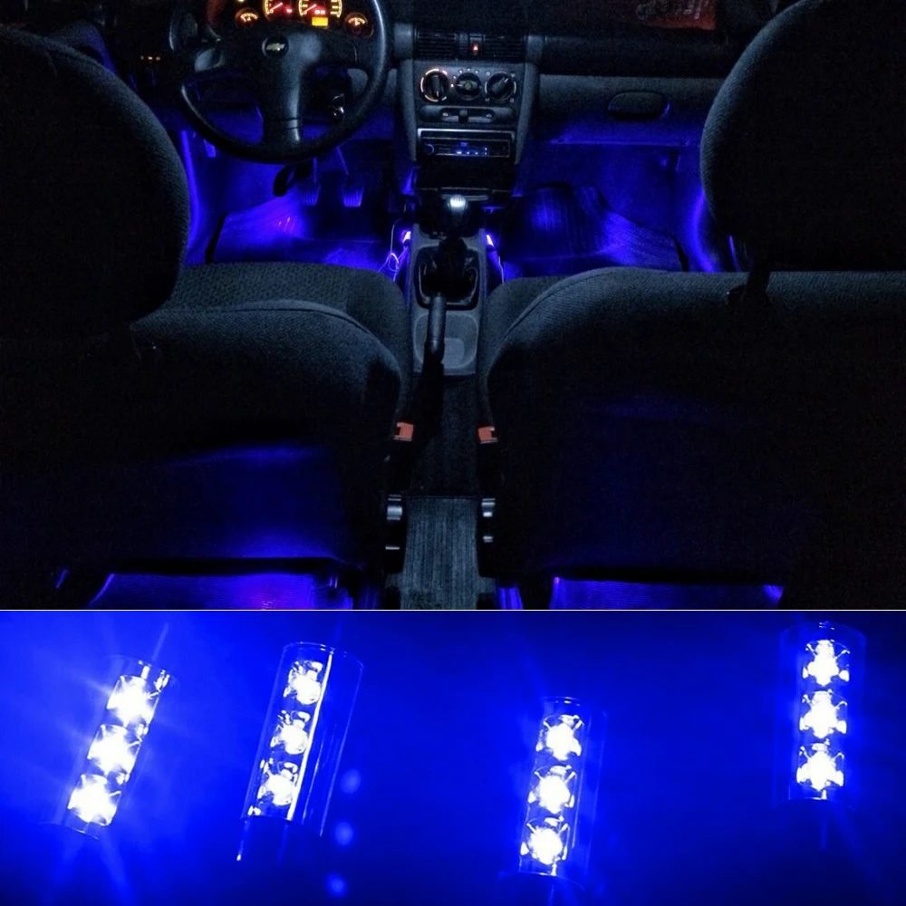 

Attractive 4x 3LED Car Charge 12V 4W Glow Interior Decorative 4in1 Atmosphere Blue Light Lamp Atmosphere Inside Foot Lamp AJ