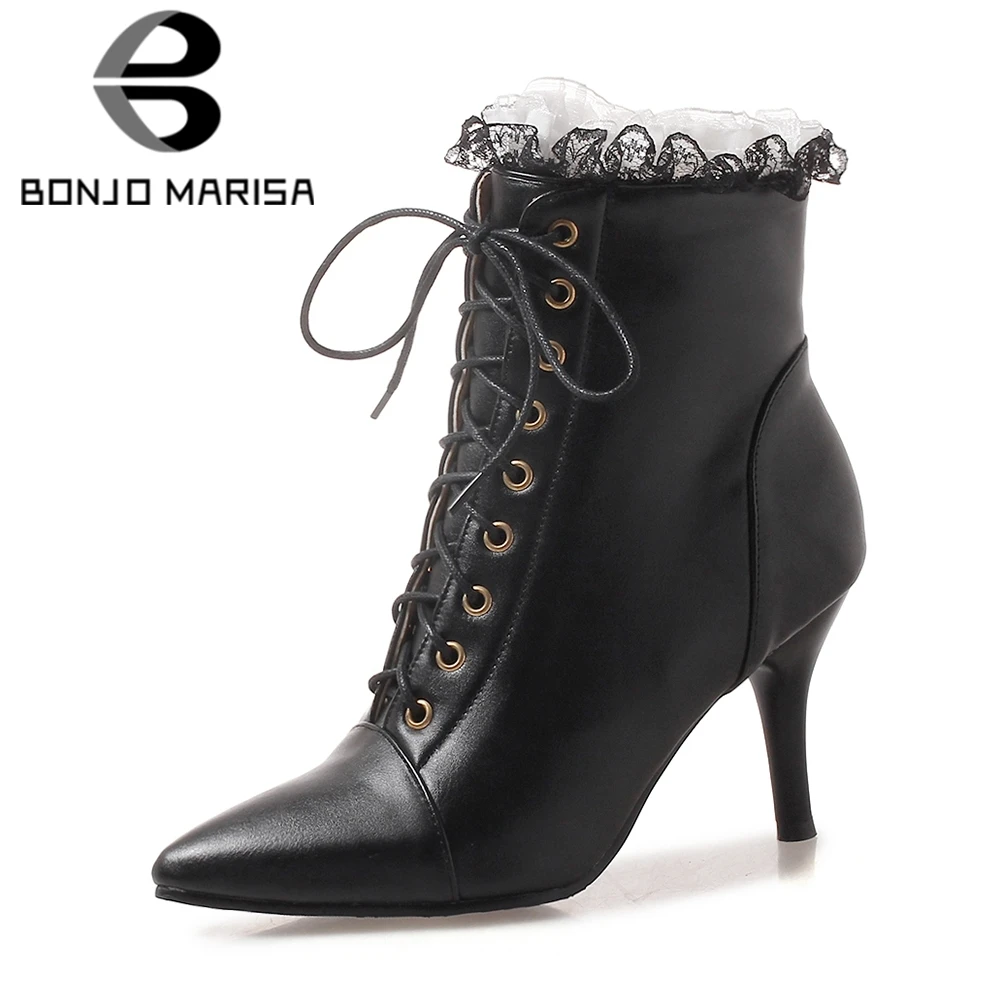 

BONJOMARISA Plus Size 32-48 Fashion Mature lace-up Ankle Boots Women Autumn 2018 Fur Lace High Heels Shoes Woman Pointed Toe