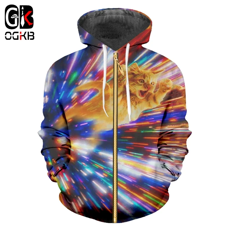 OGKB 2018 Spring Fall Women/men's 3D Print Colorful Cat Zip Hoodies Animal Sweatshirt Unisex Hiphop Hooded Hoody Jackets 6XL | Мужская