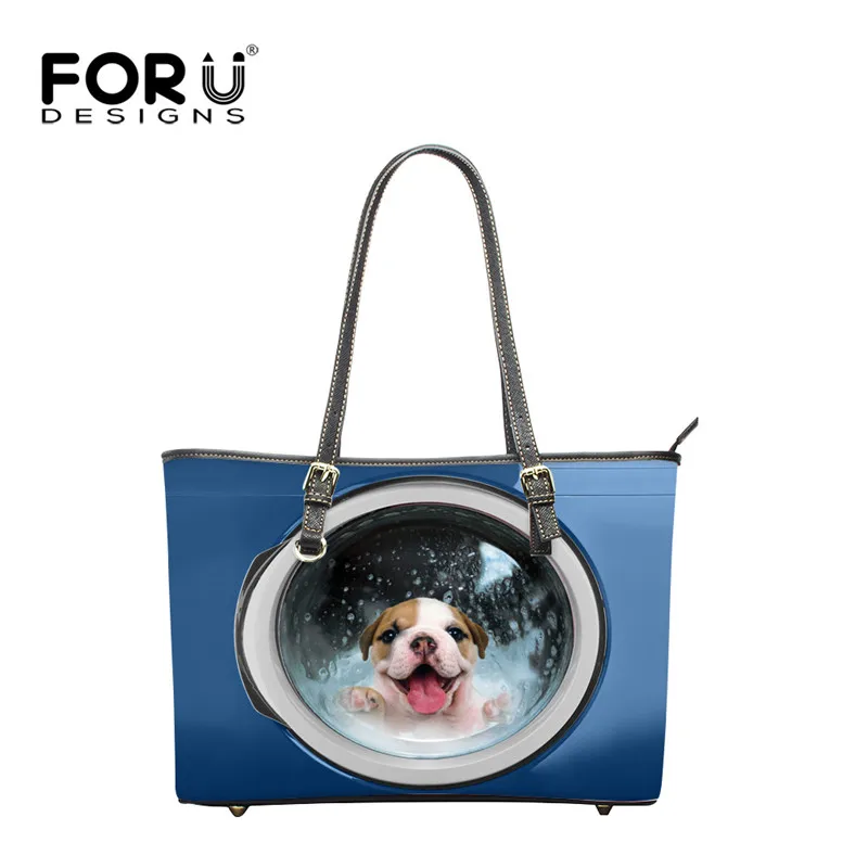 

FORUDESIGNS Cute Dog Print Women Shoulder Bags Blue,Ladies PU Leather Handbags,Large Woman Tote Beach Bag Shopping Bags Tote Bag