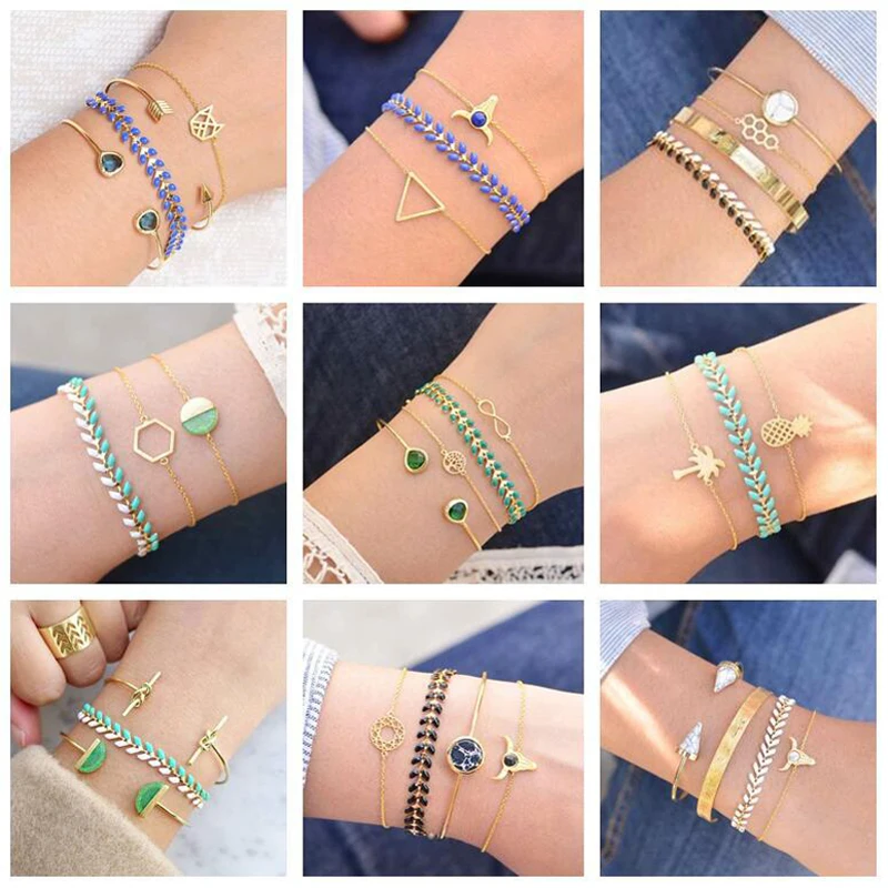 

Tocona 10 Style Bohemia Gold Color Bracelets Hollow Geometric Tree Pineapple Triangle Animal Hrad Crystal Jewelry Women Gift