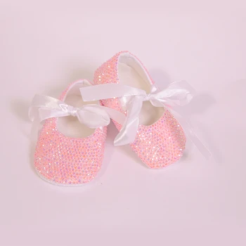 

Lovely Pink Rhinestone with White Ribbon Bow Ballerina Sparkle Custom Handmade Crib Shoes for Baby Gilrs