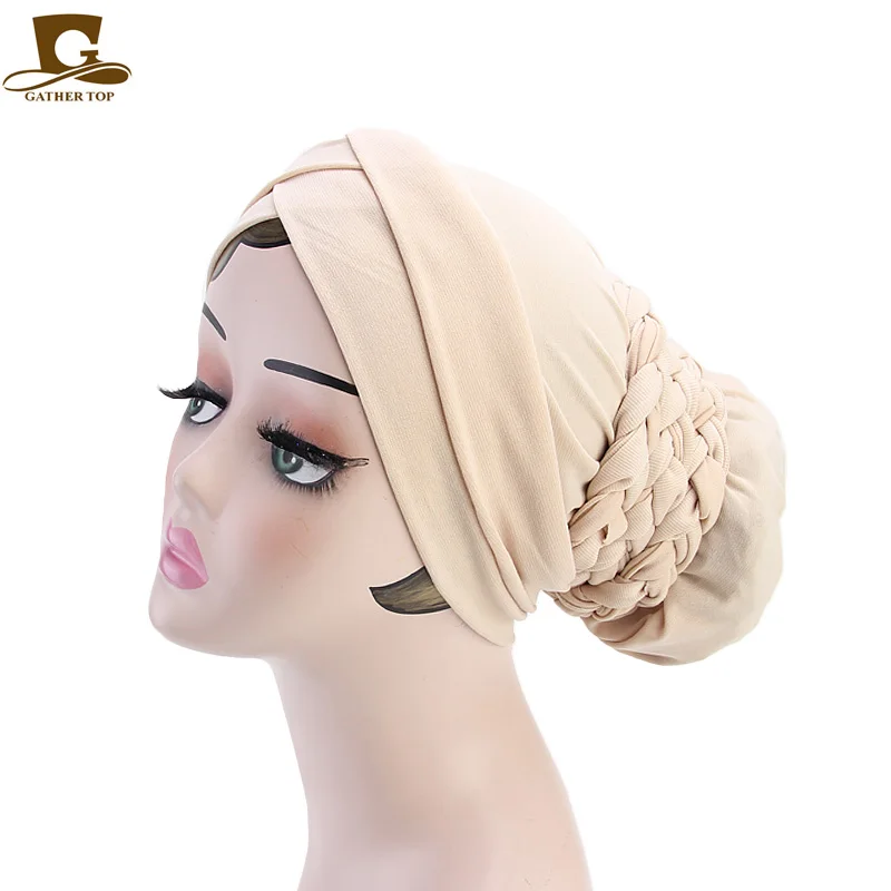 Шарф для женщин-мусульманок шапки модные бисерные косы хиджабы тюрбан шапки голова Кепка шапка бини женские аксессуары для волос для женщин индийская шляпа - Цвет: Бежевый