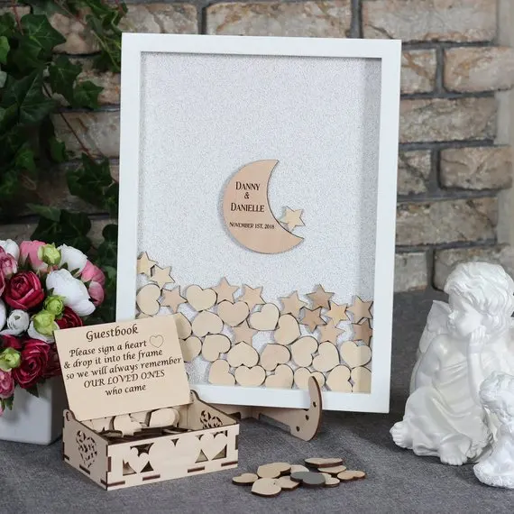 

personalize Moon and stars wedding Drop Top box Guestbook Customize birthday guestbook alternative wooden Heart Guest book