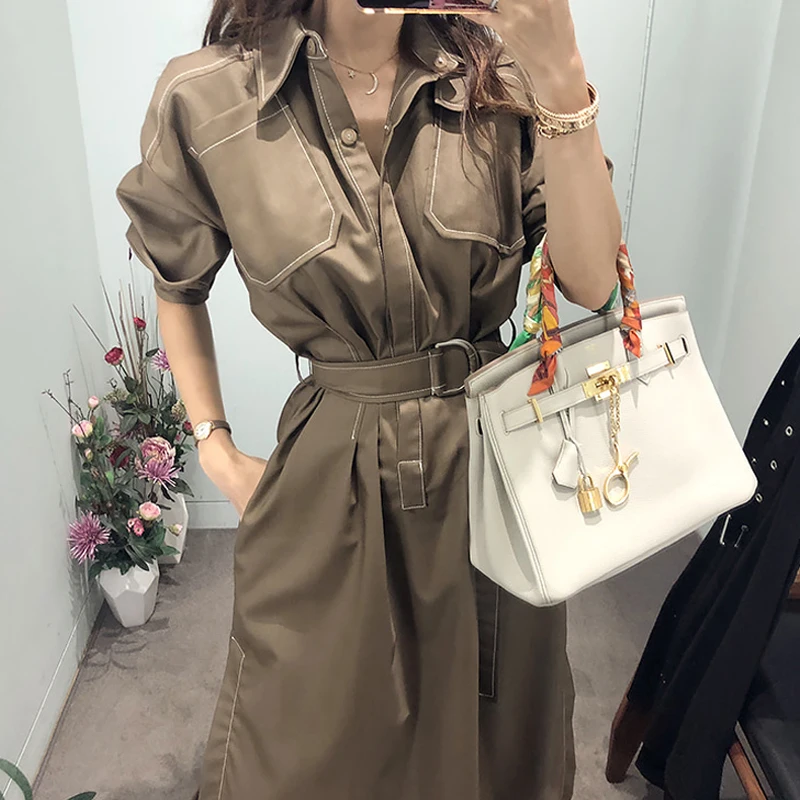 

WSYORE 2019 New Autumn Temperament OL Fashion Elegant Shirt Dress Women Single-breasted Mid-long Waist Tie Split Dress NS1236