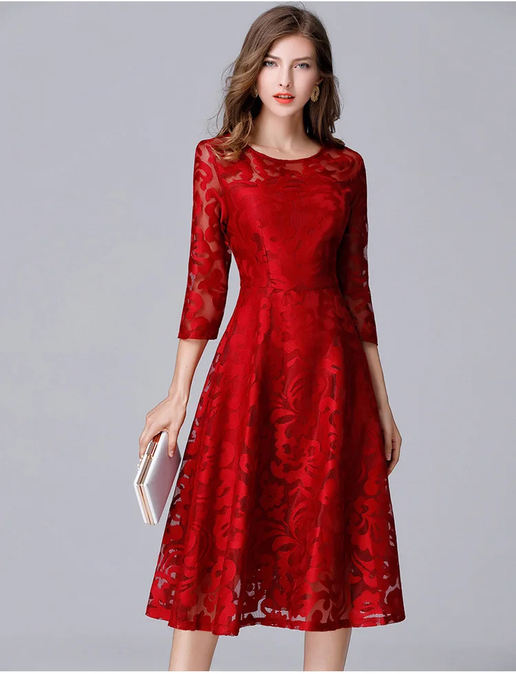Перспективное кружевное женское платье с круглым вырезом и рукавом 7/10, обтягивающее платье с большим подолом для женщин, L-5XL размера плюс, модное платье красного/синего цвета