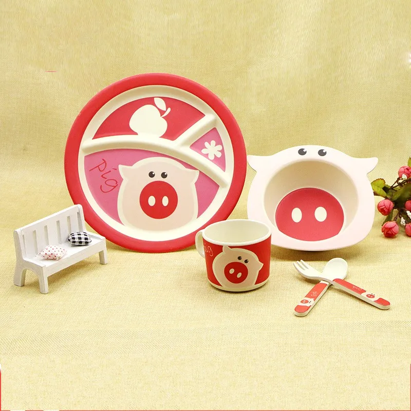 Детская Экологическая посуда, набор из бамбукового волокна, три столовых набора из 5 предметов, разные стили, дизайн детской посуды - Цвет: piggy