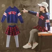 Комплекты для девочек весенне-осенняя клетчатая юбка+ синее пальто детский осенний свитер с капюшоном из двух предметов От 3 до 12 лет