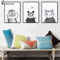 Триптих черный, белый цвет Kawaii Животные Panda Cat A4 репродукции плакат картина для детской холст картины Детская комната Декор
