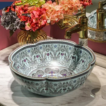 

Flower shape Bathroom Counter Top Wash Basin Cloakroom Hand Painted Vessel Sink bathroom sink chinese ceramic sink