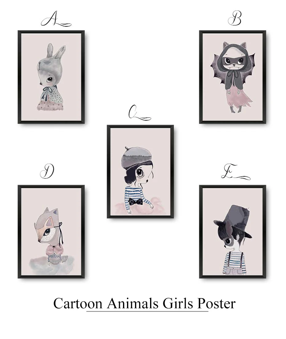 Aestheticism Cartoon Wall Art Animals Girl Pink Canvas Painting Vintage Posters&Prints Girls Bedroom Nursery Home Decor Pictures (5)