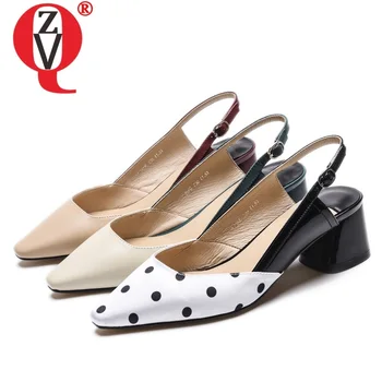 

ZVQ woman shoes 2019 spring new fashion pointed toe genuine leather woman pumps outside mid heels buckle wave point ladies shoes