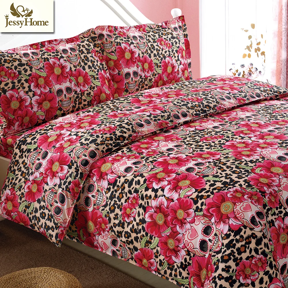 Halloween Smile Skull with Pink Leopard Back Bed Linens Skeleton 4Pcs