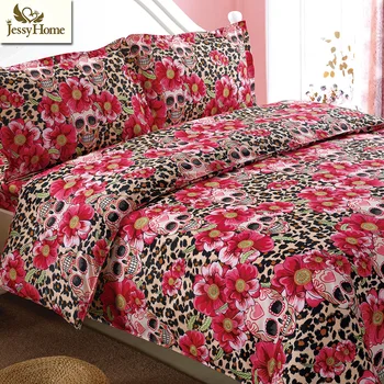 

Halloween Smile Skull with Pink Leopard Back Bed Linens Skeleton 4Pcs Bedding Set Twin Queen King Size