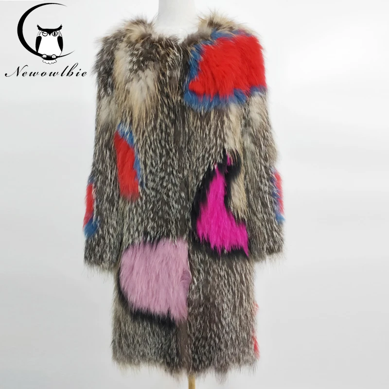 Classic style raccoon fur woven jacket stitching color true fox fur coat ladies fur coat 100% raccoon fur