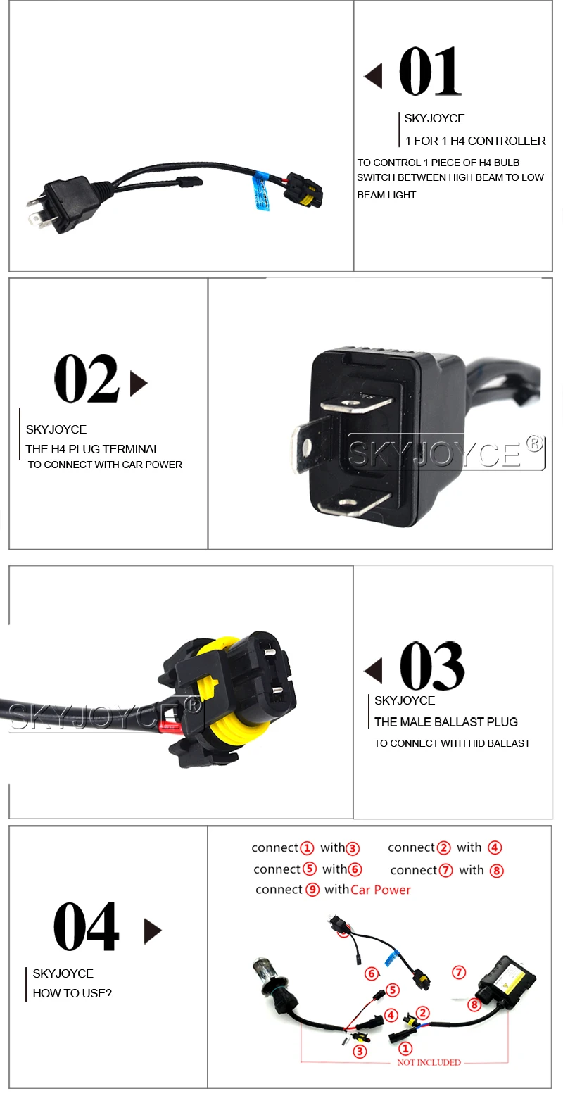 SKYJOYCE 1 X Easy Relay Harness control cable For bi xenon H4 HiLo Bi-Xenon HID Bulbs Wiring Controller 1 for 1 h4 socket (3)