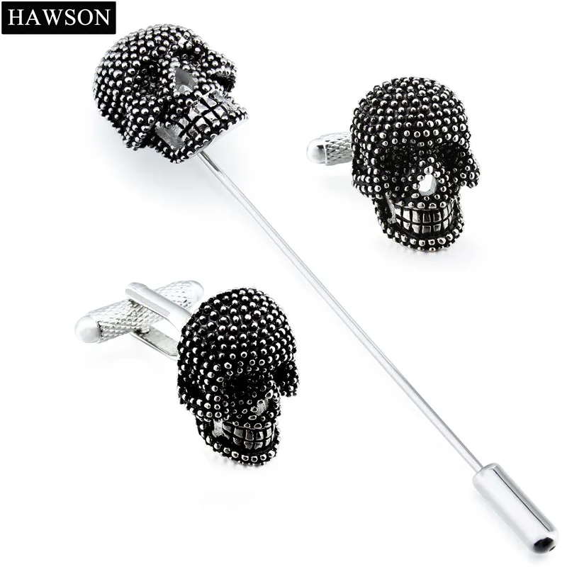 

Skull Brooches Pins Cuff link Set Mens French Shirt Long Brooch Pin Set Black Enamel Dead Skeleton Design Cuff link With Box