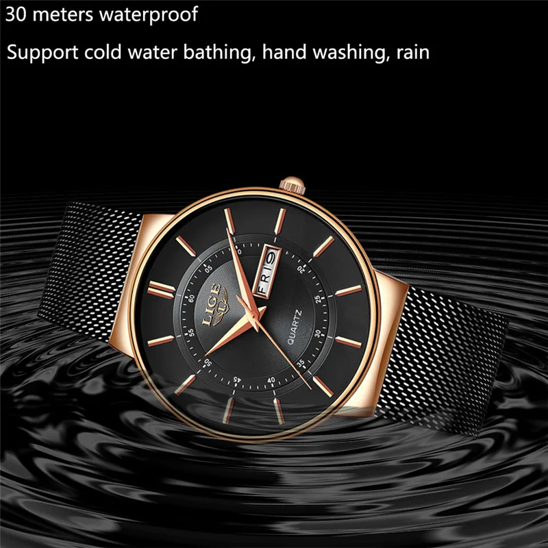 Новинка LIGE ультра-тонкие мужские часы Топ люксовый бренд модные водонепроницаемые кварцевые часы с датой мужские повседневные сетчатые спортивные часы+ коробка