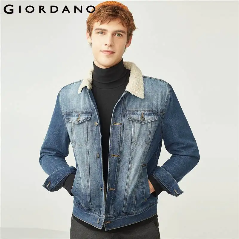 

Giordano Men Denim Jacket Thickened Fleeced Lining Denim Jacket Men Keep Warm Turn Down Collar Button Cuffs Jaqueta Masculina