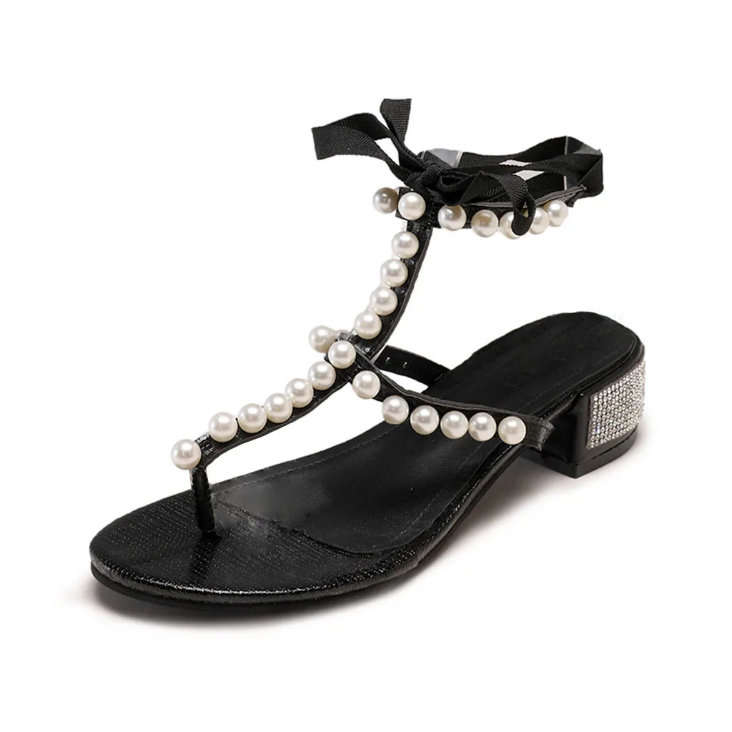 

SAGACE Ladies Sandals Leisure Med (3cm-5cm) Women's Sandals Pearl Rhinestone Clip Toe Sandals Lace-Up High Heels Beach Shoes