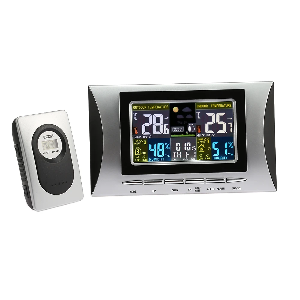 

Digital Alarm Clock Weather Station Wall Indoor Outdoor Temperature Humidity Forecast Monitor Snooze USB Charger Remote Sensor