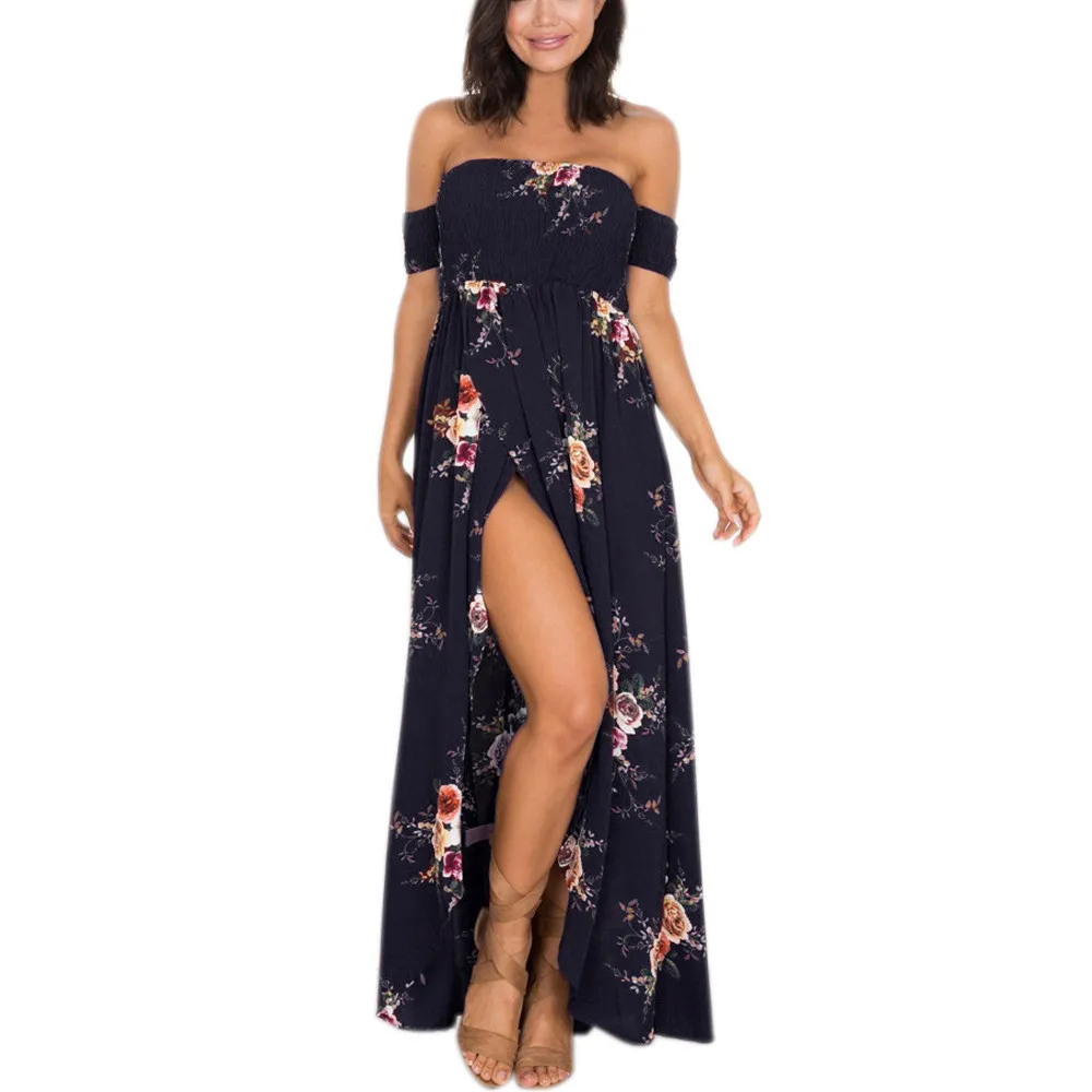 

JAYCOSIN Boho style long dress women Off shoulder beach summer dresses Floral print Vintage chiffon white maxi dress vestidos