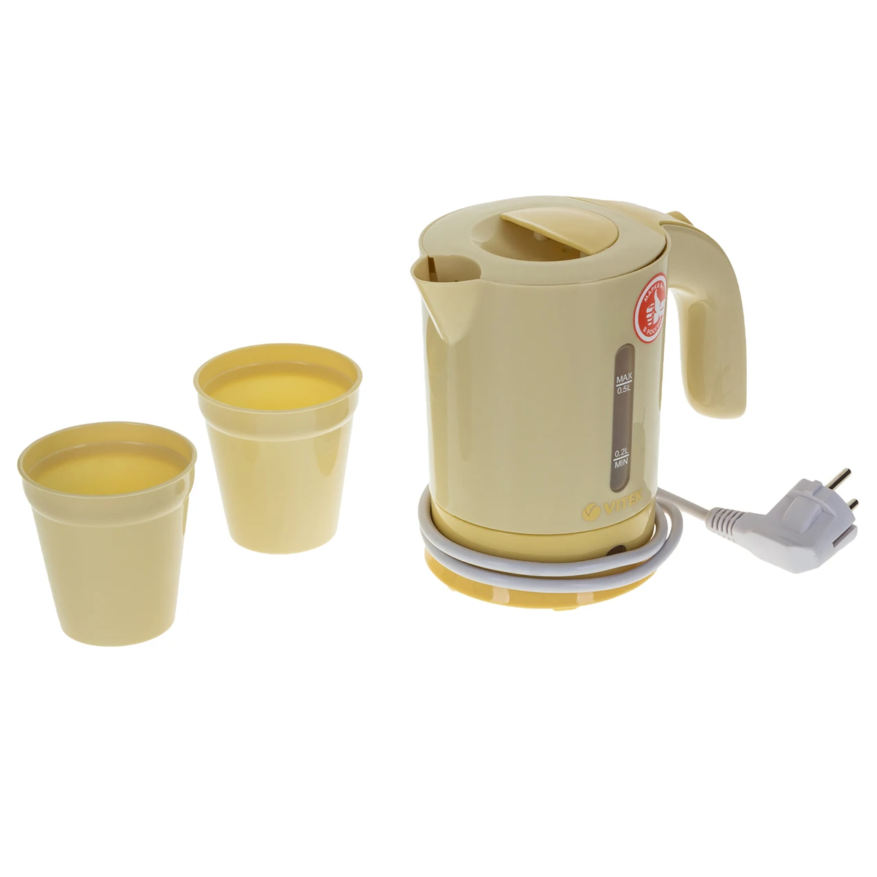 Чайник дорожный Vitek VT-7023 Y(корпус из высококачественного пластика, объем 0.5 Л., мощность 650 Вт, 2  кружки)