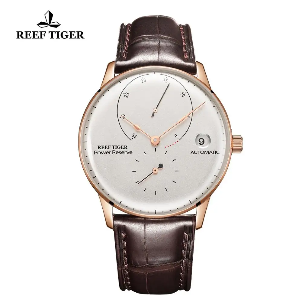  2020 Reef Tiger/RT Top Brand Luxury Casual Watches Mens Rose Gold Genuine Leather Strap Automatic W