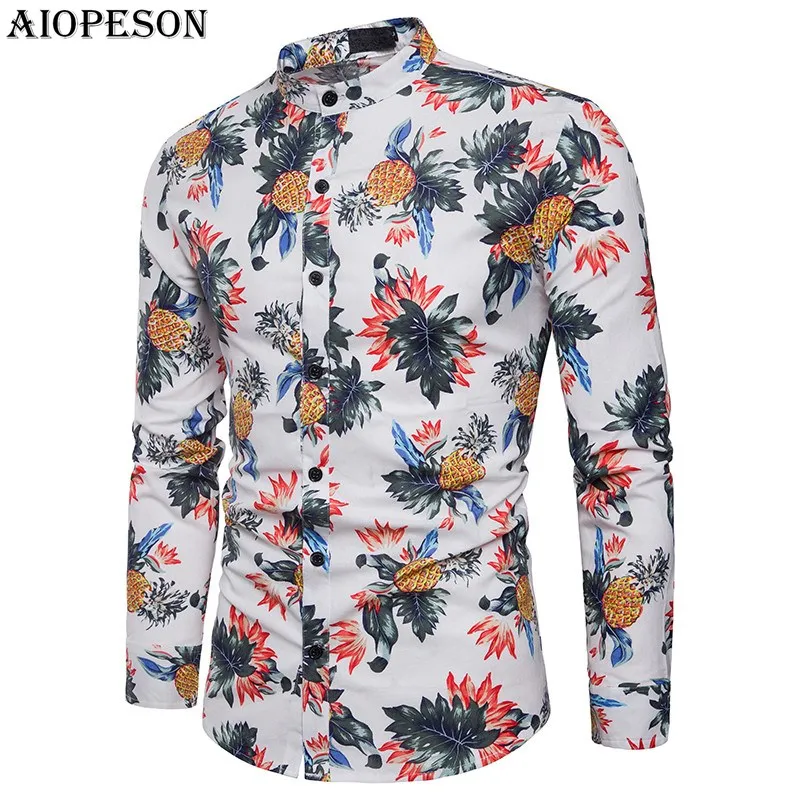 Aiopeson бренд модный принт цветочные длинным рукавом Для мужчин S рубашка Slim Fit Стенд воротник пляж Стиль Рубашки для мальчиков Для мужчин