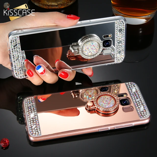 KISSCASE Diamond Phone Case For Samsung Galaxy A3 A5 A7 J3 J5 J7 2016 2017 Mirror Case For Galaxy S8 Plus S7 S6 Edge Ring Holder