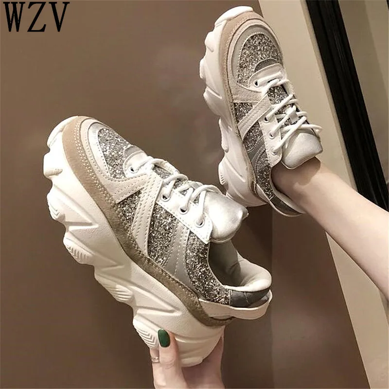 

2019 Spring Women Casual Shoes Woman Sequin Platform Sneakers Lace-Up Wedges Shoes for Women Zapatos Mujer K66