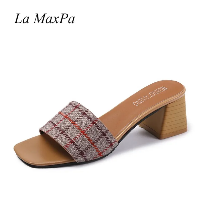 La MaxPa/Женская обувь; шлепанцы без задника; zapatos mujer; коллекция года; модные босоножки на высоком каблуке 5 см; черно-белые Тапочки с закрытым носком - Цвет: red