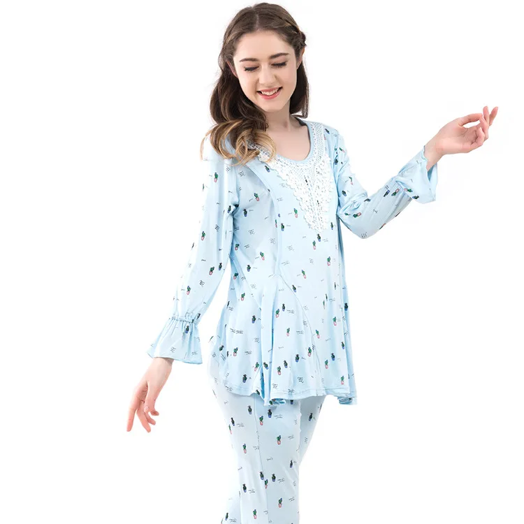 

2018 Summer Nursing Pajamas Lace Stitching Print Maternity Nightwear Ruffle Long Sleeves Spring Autumn Suit for Pregnant Women