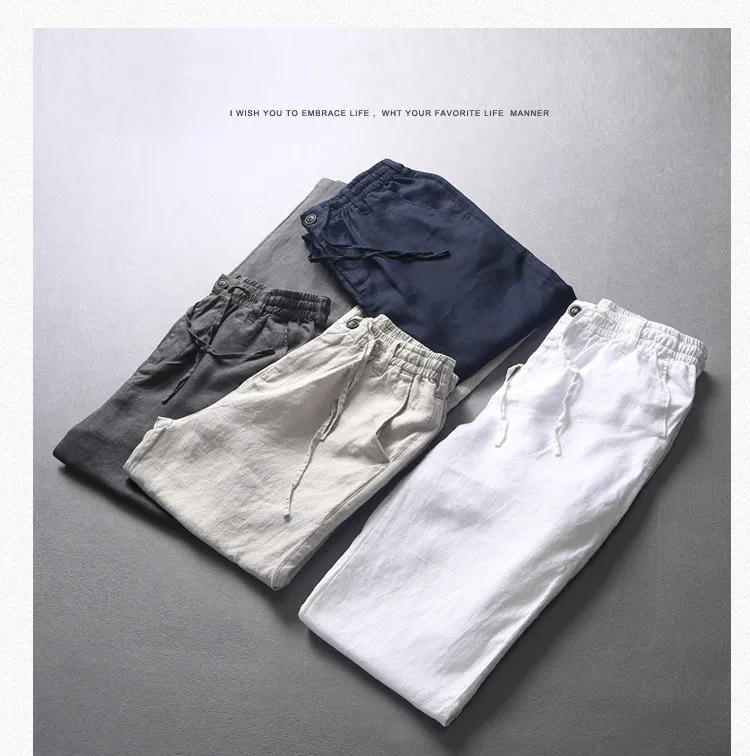 Бразильский стиль 100% льняные длинные брюки Мужская брендовая одежда брюки мужские эластичные повседневные брюки мужские белые однотонные