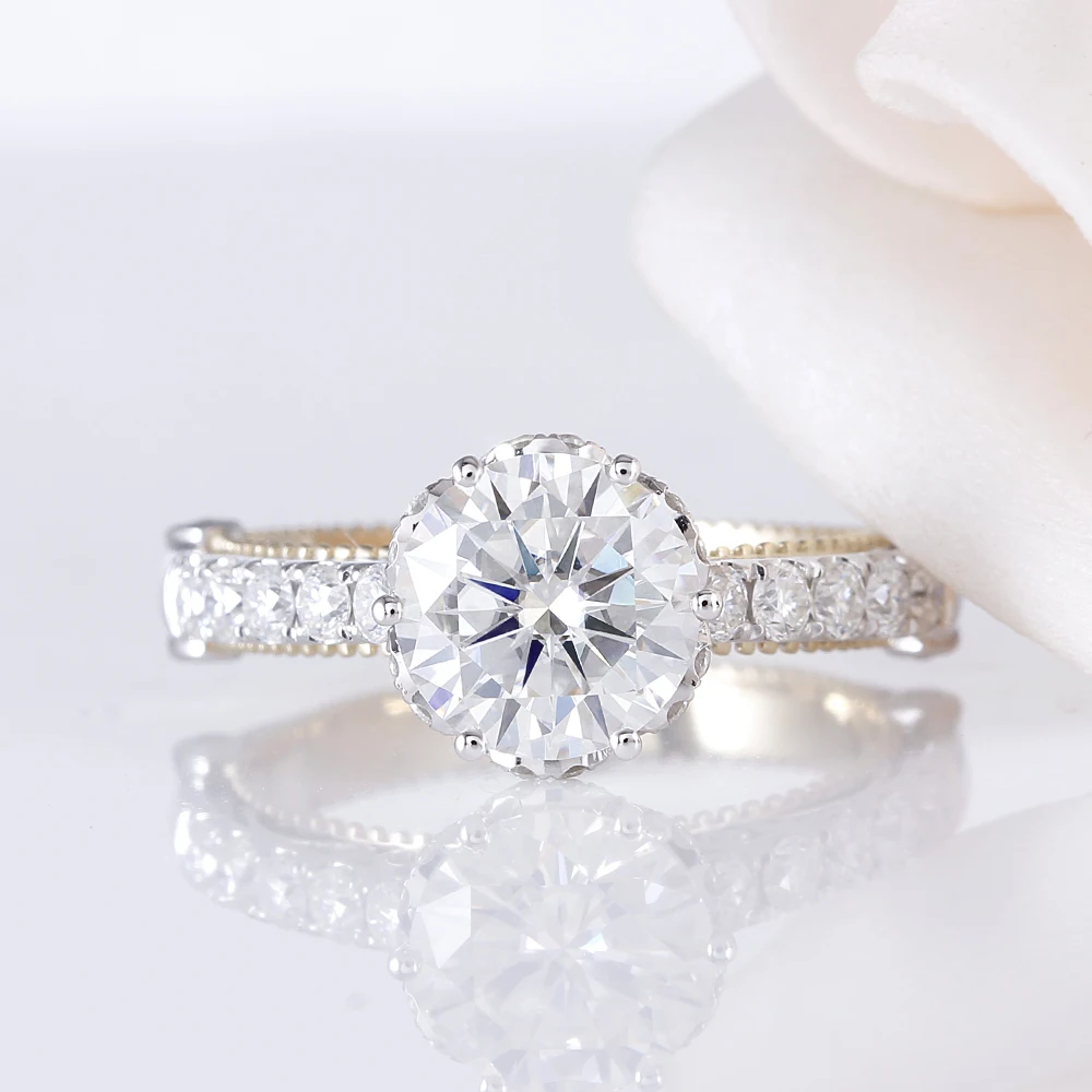 Vintage Solid 14K 585 Two Tones Gold Center 1.5ct 7.5mm F Color Moissanite Anniversary Ring 4