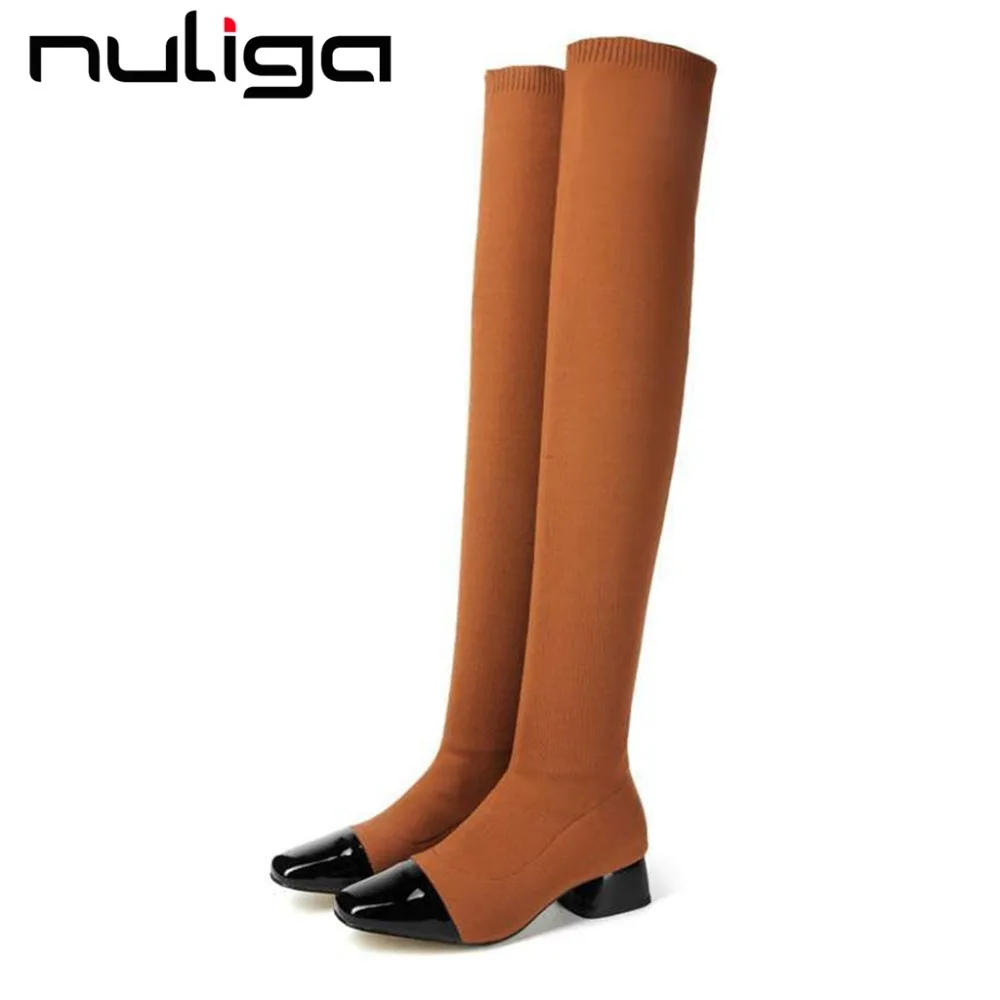 

Nuliga mixed colors slip on low heels beauty girls knitting stretch over-the-knee boots handmade square toe runway shoes L1f2