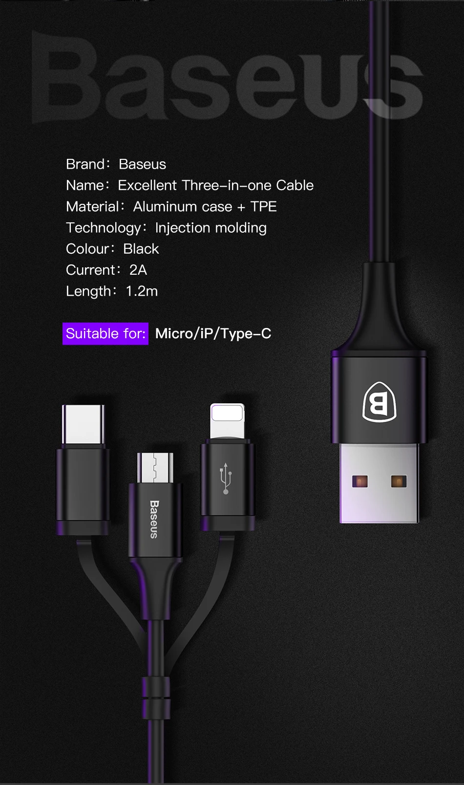 Baseus 3 в 1 USB кабель для iPhone Micro usb type C кабель зарядного устройства для iPhone Xs Max X 8 7 samsung Oneplus Android Кабели для телефонов