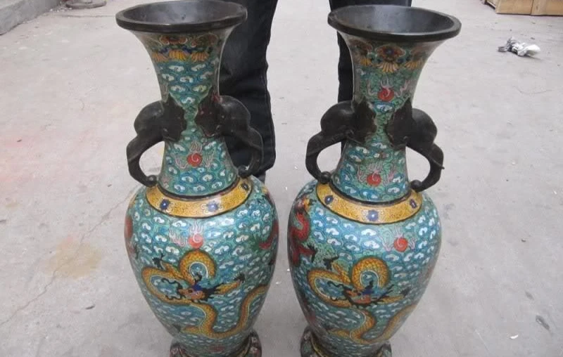 

23 Chinese Regius 100% Bronze cloisonne Two Dragon Elephant Ears Zun Vase Pair