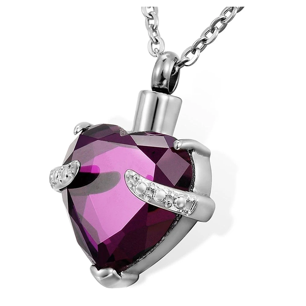 

Cremation Jewellery Stainless Steel Crystal Heart Urn Pendant Necklace - Memorial Ash Keepsake Purple