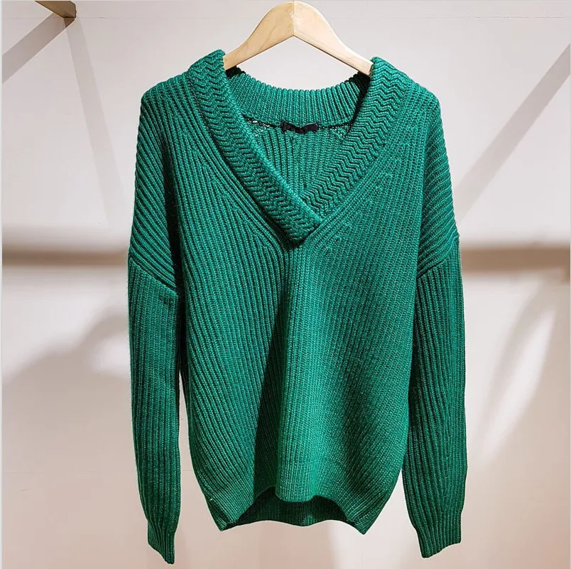Французский стиль Элегантные свитера с v-образным вырезом женские осенние пуловеры трикотажная одежда Топы свитер D672