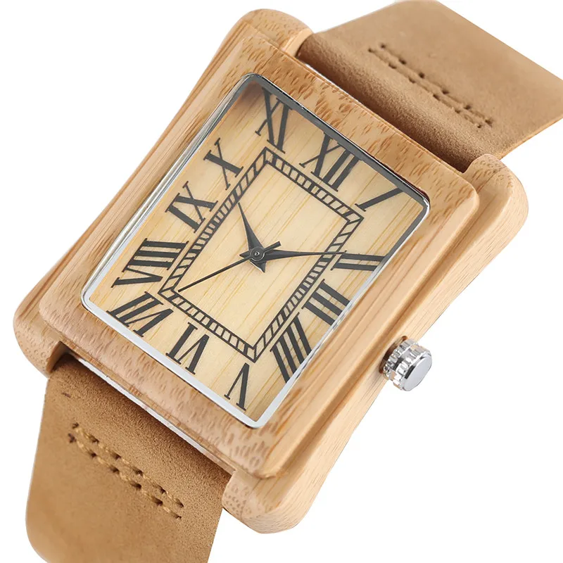 

Creative Rectangle Dial Nature Wooden Watch Genuine Leather Band Roman Number Quartz Wood Wristwatch Gifts relogio masculino