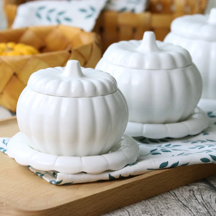 Pumpkin white porcelain soup bowl with spoon ceramic cup saucer egg