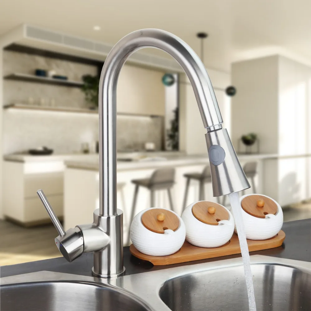 

Kitchen Pull Out Faucet Kitchen Faucet Mixer With Two Spray Brushed Nickel Swivel Basin Sink Mixer Water tap