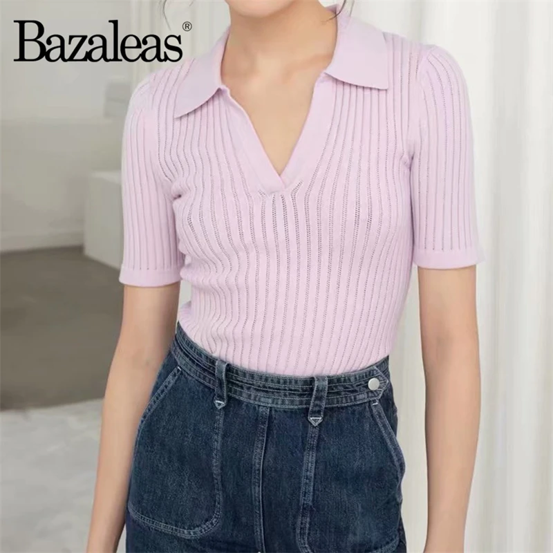 Bazaleas Fashion Women T-shirt Knitted Slim tshirt France V neck harajuku t shirt Casual Basic women Vintage tops drop shipping