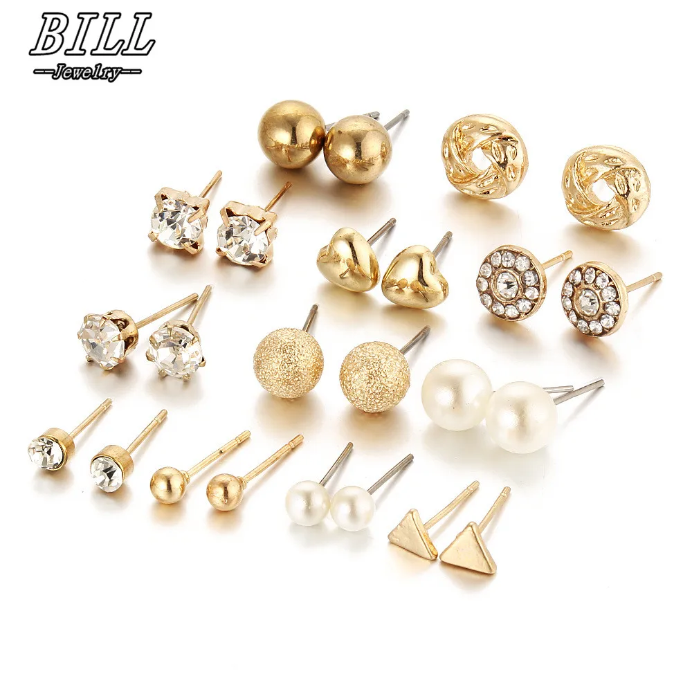 

ES782 12 pairs Stud Earrings Sets For Women Fashion Ear Jewelry Crystal Ball Heart Simulated Pearls Brincos Triangle 2018 HOT