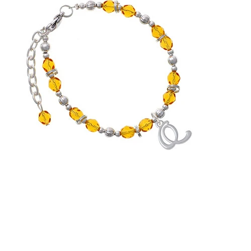Silvertone Small Gelato Script Initial - Q - Yellow Beaded Bracelet