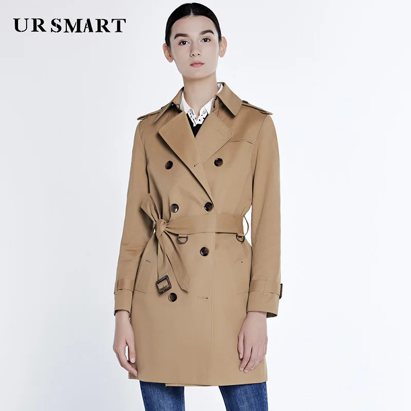 URSMART осеннее пылевое пальто растет в женских двойных двубортных талии британская леди ветровка серое пальто dus - Цвет: khaki